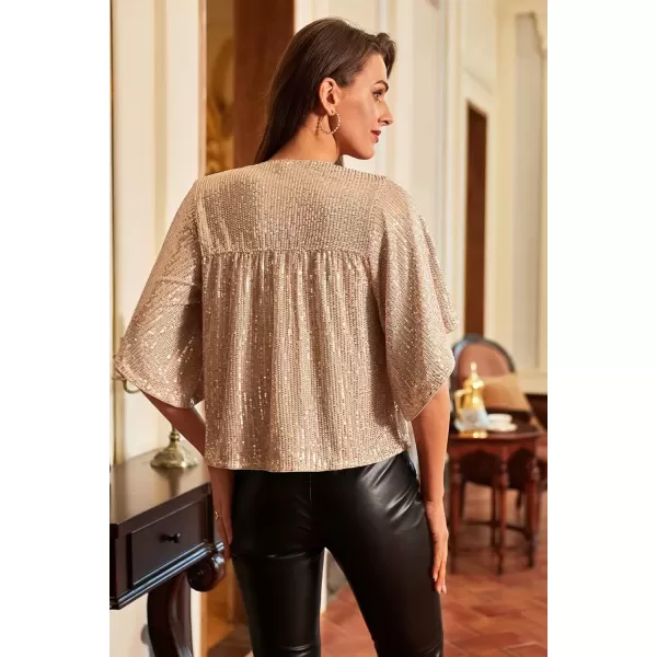 imageGRACE KARIN Women Sequin Tops Glitter Shimmer Blouse Sparkly Shirts Batwing Sleeve Crew Neck Crop Dressy PartyGold