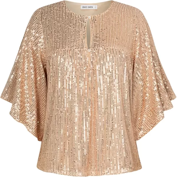 imageGRACE KARIN Women Sequin Tops Glitter Shimmer Blouse Sparkly Shirts Batwing Sleeve Crew Neck Crop Dressy PartyGold