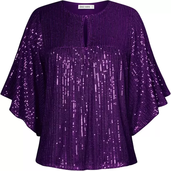 imageGRACE KARIN Women Sequin Tops Glitter Shimmer Blouse Sparkly Shirts Batwing Sleeve Crew Neck Crop Dressy PartyPurple