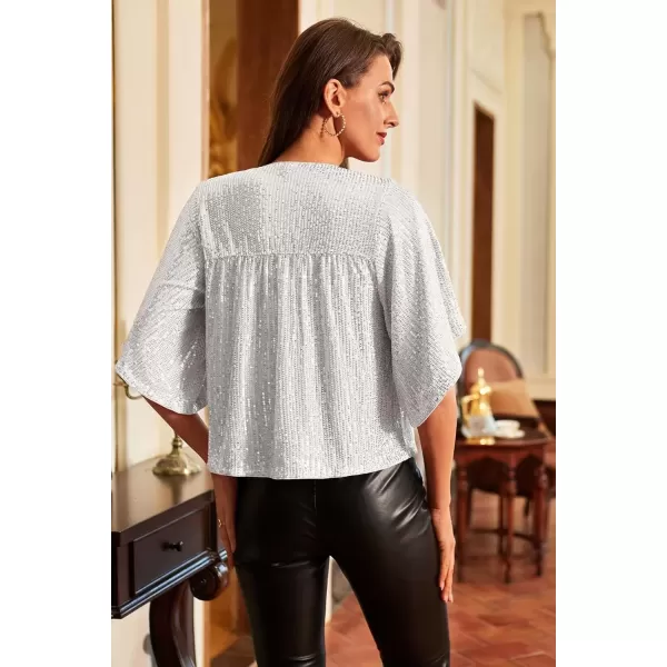 imageGRACE KARIN Women Sequin Tops Glitter Shimmer Blouse Sparkly Shirts Batwing Sleeve Crew Neck Crop Dressy PartySilver White