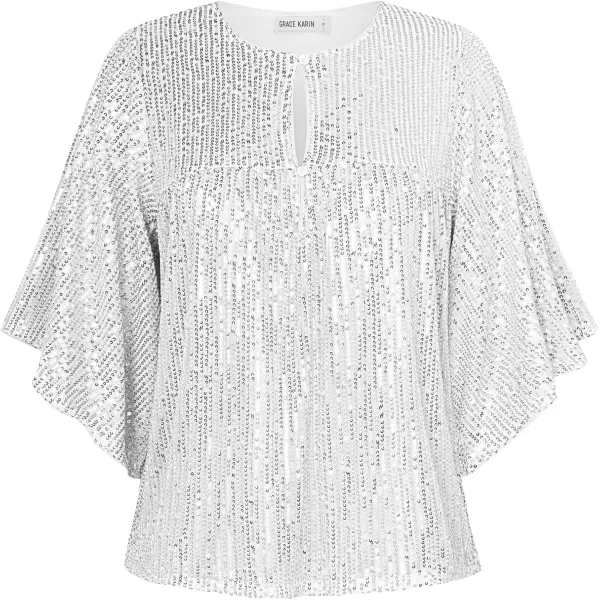 imageGRACE KARIN Women Sequin Tops Glitter Shimmer Blouse Sparkly Shirts Batwing Sleeve Crew Neck Crop Dressy PartySilver White