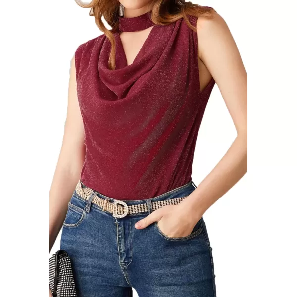 imageGRACE KARIN Womens 2024 Glitter Tank Top Sleeveless Shoulder Padded Cowl Neck Club Party ShirtsBurgundy
