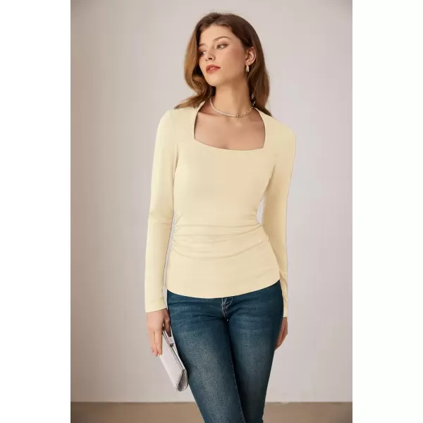 imageGRACE KARIN Womens Long Sleeve Square Neck Tops Ruched Fitted T Shirts Slimming Tight Going Out Tops Fall Basic Casual TopApricot