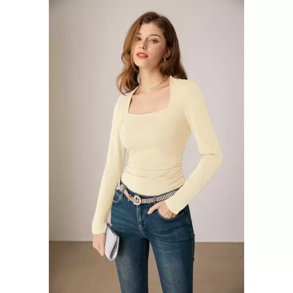imageGRACE KARIN Womens Long Sleeve Square Neck Tops Ruched Fitted T Shirts Slimming Tight Going Out Tops Fall Basic Casual TopApricot