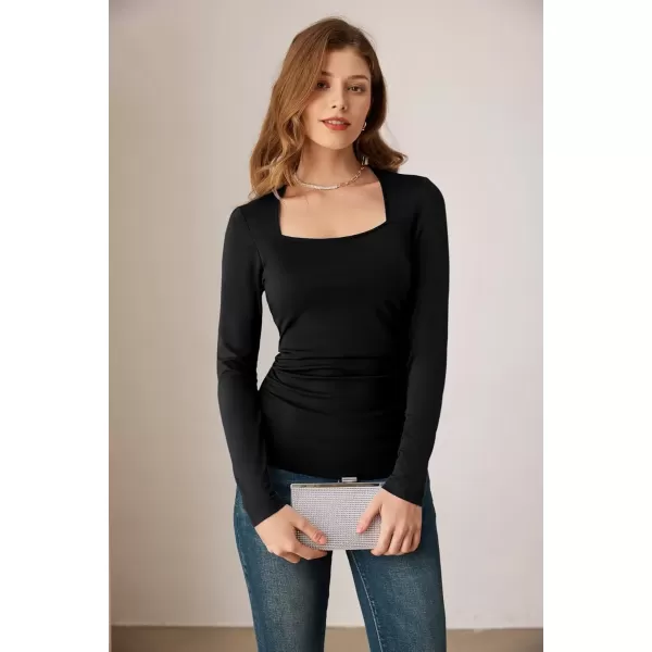 imageGRACE KARIN Womens Long Sleeve Square Neck Tops Ruched Fitted T Shirts Slimming Tight Going Out Tops Fall Basic Casual TopBlack