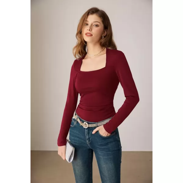 imageGRACE KARIN Womens Long Sleeve Square Neck Tops Ruched Fitted T Shirts Slimming Tight Going Out Tops Fall Basic Casual TopWine Red