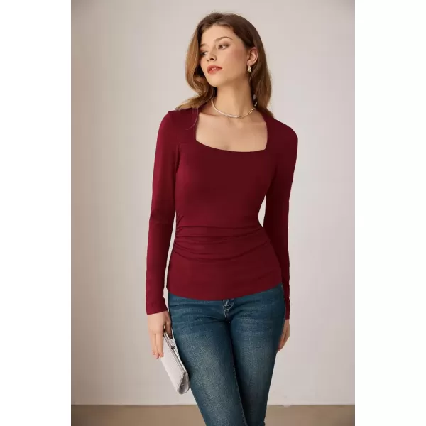 imageGRACE KARIN Womens Long Sleeve Square Neck Tops Ruched Fitted T Shirts Slimming Tight Going Out Tops Fall Basic Casual TopWine Red