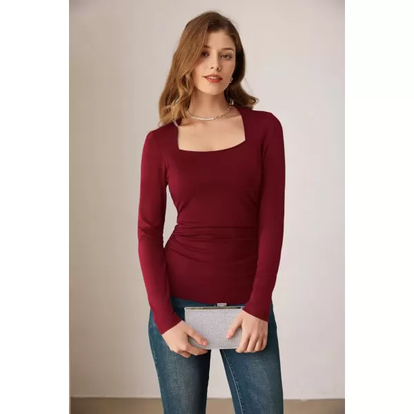 imageGRACE KARIN Womens Long Sleeve Square Neck Tops Ruched Fitted T Shirts Slimming Tight Going Out Tops Fall Basic Casual TopWine Red