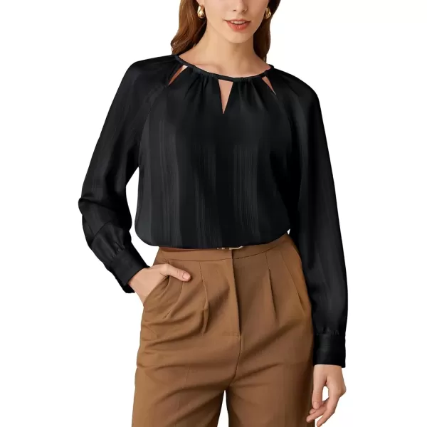imageGRACE KARIN Womens Satin Silk Long Sleeve Tops Casual Work Blouses Basic Striped Shirts Pullover TopsBlack
