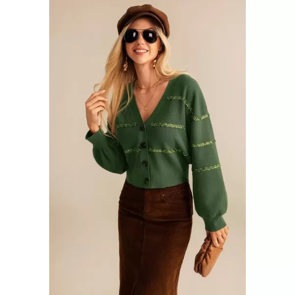 imageGRACE KARIN Cardigan Sweaters for Women Open Front 2024 Fall Sequin Long Lantern Sleeve Oversized Cropped Chunky OutwearArmy Green