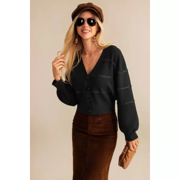 imageGRACE KARIN Cardigan Sweaters for Women Open Front 2024 Fall Sequin Long Lantern Sleeve Oversized Cropped Chunky OutwearBlack