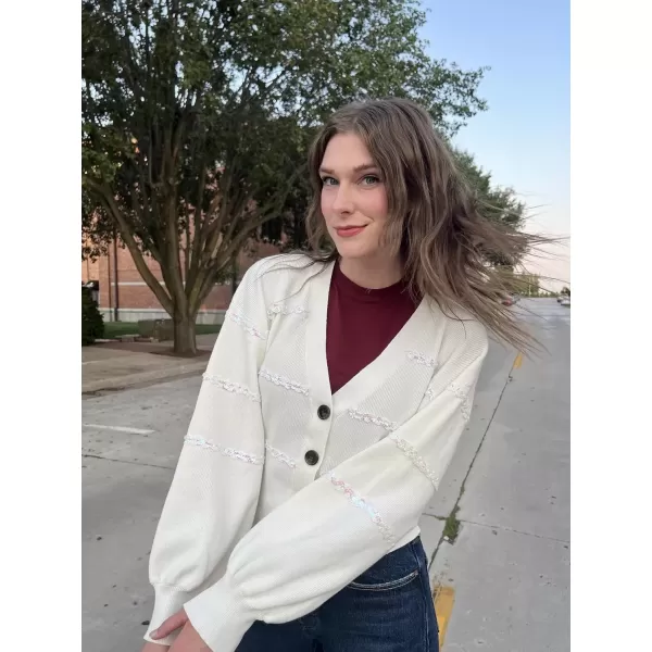 imageGRACE KARIN Cardigan Sweaters for Women Open Front 2024 Fall Sequin Long Lantern Sleeve Oversized Cropped Chunky OutwearIvory