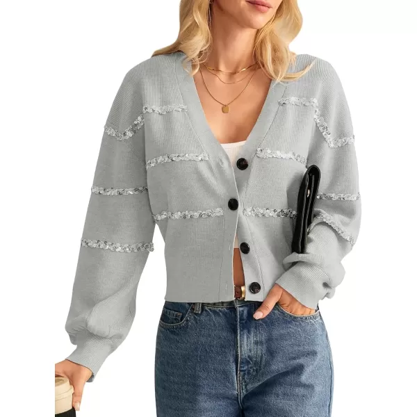 imageGRACE KARIN Cardigan Sweaters for Women Open Front 2024 Fall Sequin Long Lantern Sleeve Oversized Cropped Chunky OutwearLight Gray