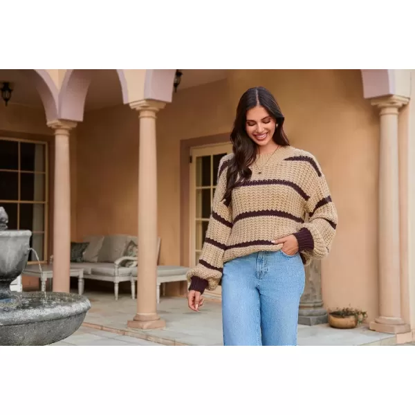 imageGRACE KARIN Sweaters for Women 2024 Crewneck Striped Fall Winter Knitted Pullover Tops Soft SweaterKhaki