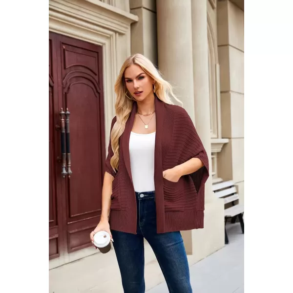 imageGRACE KARIN Womens 2024 Fall Batwing Sleeve Open Front Cardigan Draped Knitted Shrug Sweater with PocketDark Wine