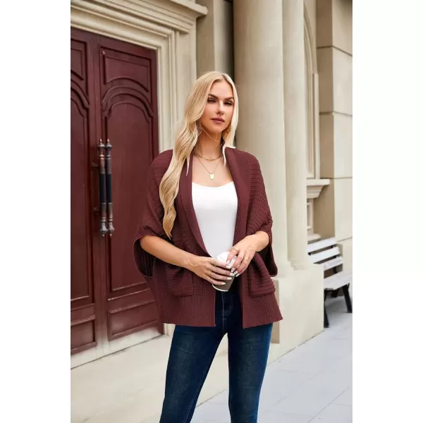 imageGRACE KARIN Womens 2024 Fall Batwing Sleeve Open Front Cardigan Draped Knitted Shrug Sweater with PocketDark Wine