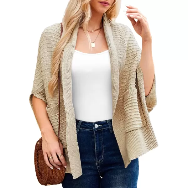 imageGRACE KARIN Womens 2024 Fall Batwing Sleeve Open Front Cardigan Draped Knitted Shrug Sweater with PocketGray Apricot