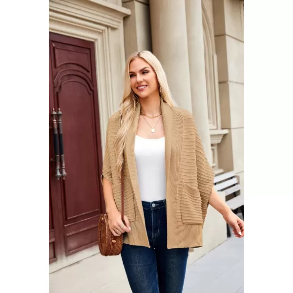 imageGRACE KARIN Womens 2024 Fall Batwing Sleeve Open Front Cardigan Draped Knitted Shrug Sweater with PocketKhaki