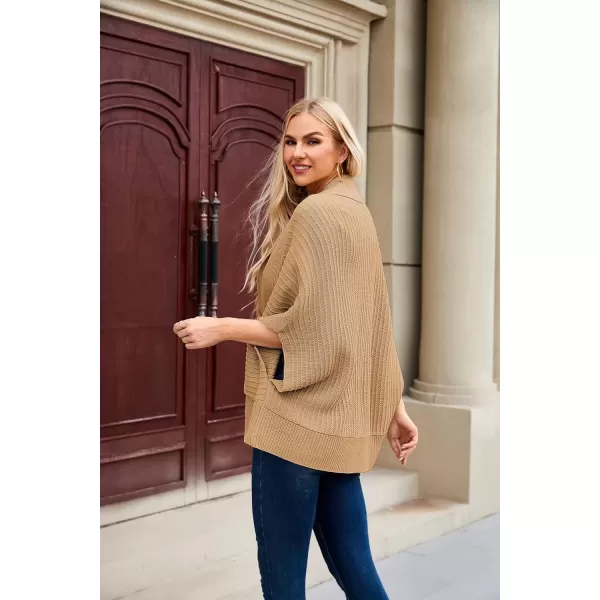 imageGRACE KARIN Womens 2024 Fall Batwing Sleeve Open Front Cardigan Draped Knitted Shrug Sweater with PocketKhaki