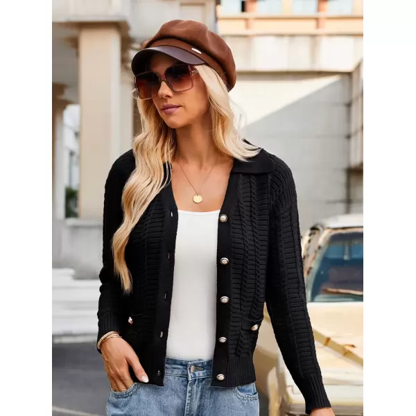 imageGRACE KARIN Womens 2024 Knit Cropped Cardigan Sweaters Long Sleeve Open Front Button Down V Neck Tweed Jacket CardiganBlack