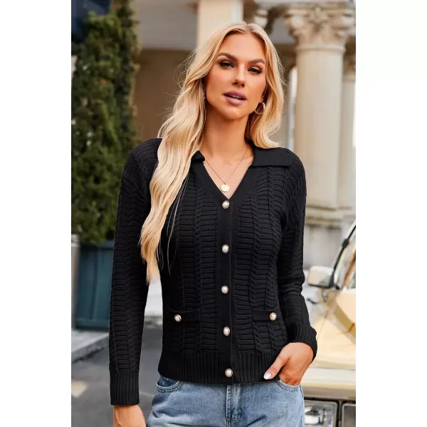 imageGRACE KARIN Womens 2024 Knit Cropped Cardigan Sweaters Long Sleeve Open Front Button Down V Neck Tweed Jacket CardiganBlack