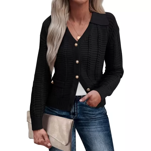 imageGRACE KARIN Womens 2024 Knit Cropped Cardigan Sweaters Long Sleeve Open Front Button Down V Neck Tweed Jacket CardiganBlack