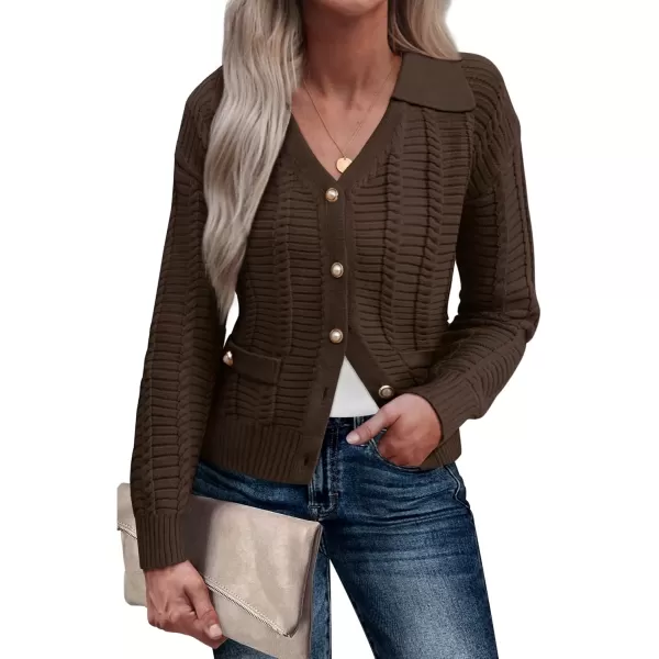 imageGRACE KARIN Womens 2024 Knit Cropped Cardigan Sweaters Long Sleeve Open Front Button Down V Neck Tweed Jacket CardiganBrown