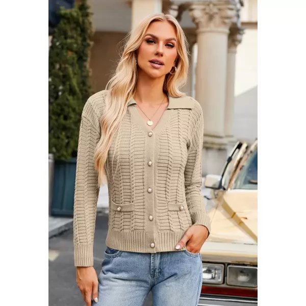 imageGRACE KARIN Womens 2024 Knit Cropped Cardigan Sweaters Long Sleeve Open Front Button Down V Neck Tweed Jacket CardiganKhaki