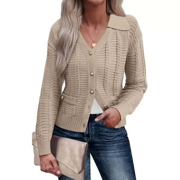 imageGRACE KARIN Womens 2024 Knit Cropped Cardigan Sweaters Long Sleeve Open Front Button Down V Neck Tweed Jacket CardiganKhaki