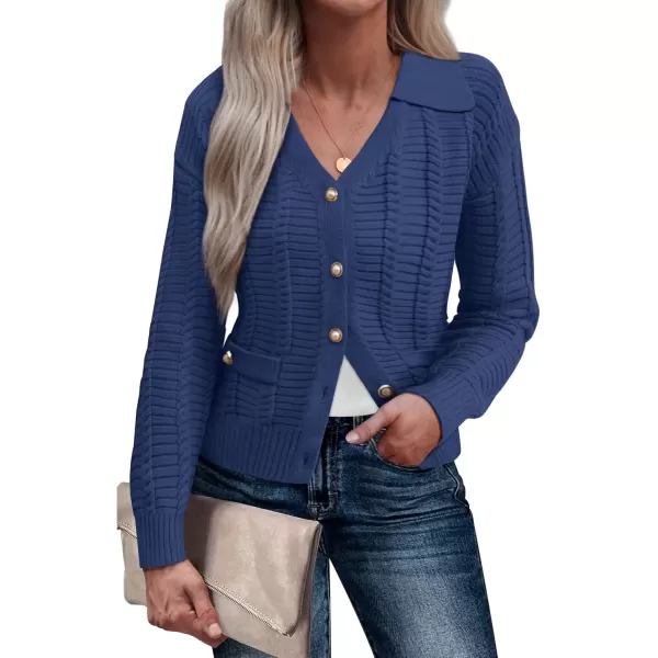 imageGRACE KARIN Womens 2024 Knit Cropped Cardigan Sweaters Long Sleeve Open Front Button Down V Neck Tweed Jacket CardiganNavy Blue