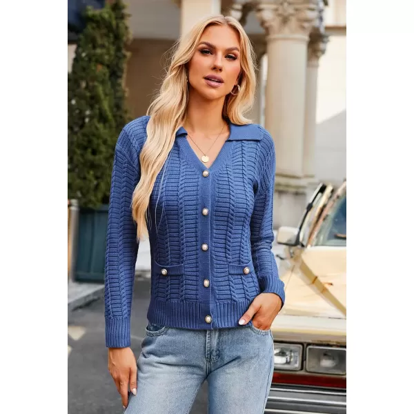 imageGRACE KARIN Womens 2024 Knit Cropped Cardigan Sweaters Long Sleeve Open Front Button Down V Neck Tweed Jacket CardiganNavy Blue