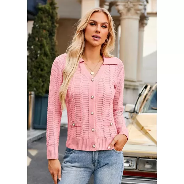 imageGRACE KARIN Womens 2024 Knit Cropped Cardigan Sweaters Long Sleeve Open Front Button Down V Neck Tweed Jacket CardiganPink