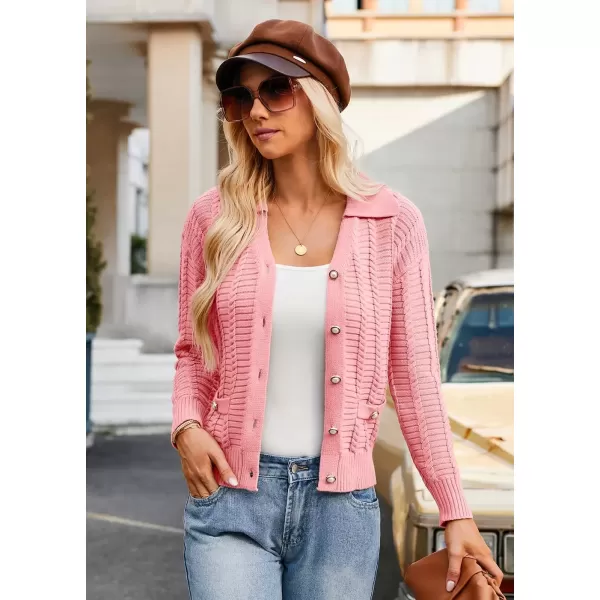 imageGRACE KARIN Womens 2024 Knit Cropped Cardigan Sweaters Long Sleeve Open Front Button Down V Neck Tweed Jacket CardiganPink