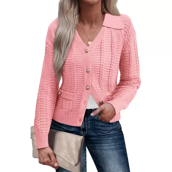 imageGRACE KARIN Womens 2024 Knit Cropped Cardigan Sweaters Long Sleeve Open Front Button Down V Neck Tweed Jacket CardiganPink