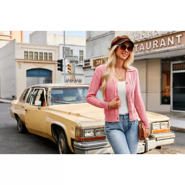 imageGRACE KARIN Womens 2024 Knit Cropped Cardigan Sweaters Long Sleeve Open Front Button Down V Neck Tweed Jacket CardiganPink