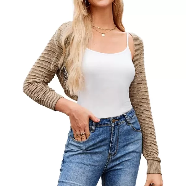 imageGRACE KARIN Womens Cropped Bolero Shrug Cardigans Sweater Spring Summer Lightweight Long Sleeve Open Front Crochet Knit TopsKhaki