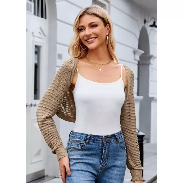 imageGRACE KARIN Womens Cropped Bolero Shrug Cardigans Sweater Spring Summer Lightweight Long Sleeve Open Front Crochet Knit TopsKhaki