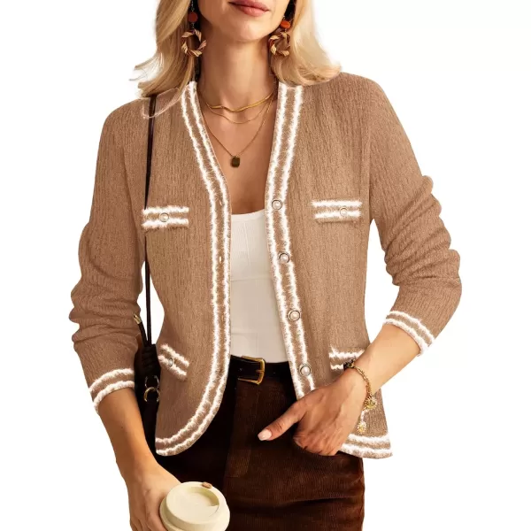 imageGRACE KARIN Womens Cropped Cardigan Sweaters Long Sleeve Elegant Pearl Button Down Knit Open Front VNeck Jacket TopsLight Brown