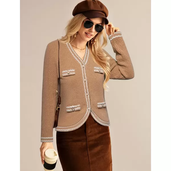 imageGRACE KARIN Womens Cropped Cardigan Sweaters Long Sleeve Elegant Pearl Button Down Knit Open Front VNeck Jacket TopsLight Brown