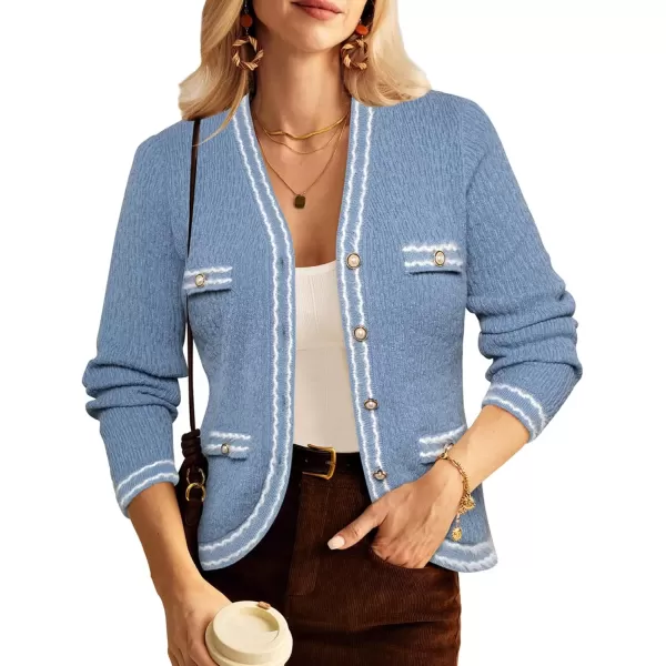 imageGRACE KARIN Womens Cropped Cardigan Sweaters Long Sleeve Elegant Pearl Button Down Knit Open Front VNeck Jacket TopsMisty Blue