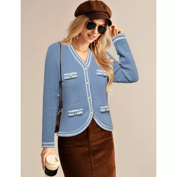 imageGRACE KARIN Womens Cropped Cardigan Sweaters Long Sleeve Elegant Pearl Button Down Knit Open Front VNeck Jacket TopsMisty Blue