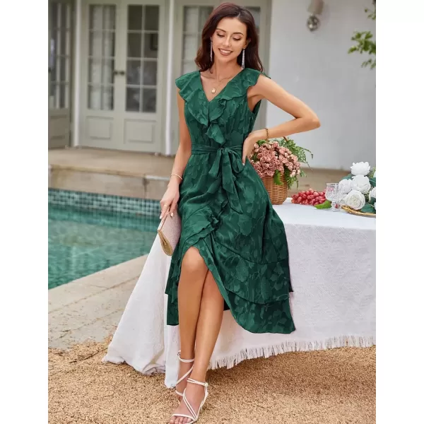 imageGRACE KARIN Womens Summer Wedding Guest Dress V Neck Ruffle High Waist Midi ALine Cocktail Party Dresses with BeltDark Green