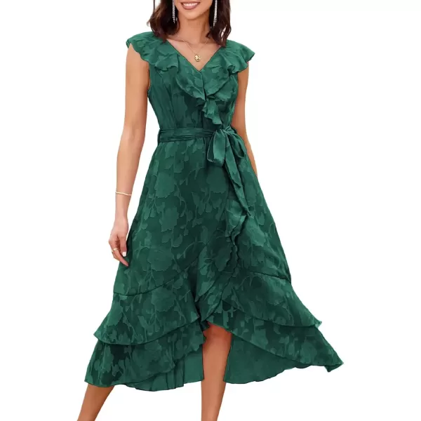 imageGRACE KARIN Womens Summer Wedding Guest Dress V Neck Ruffle High Waist Midi ALine Cocktail Party Dresses with BeltDark Green