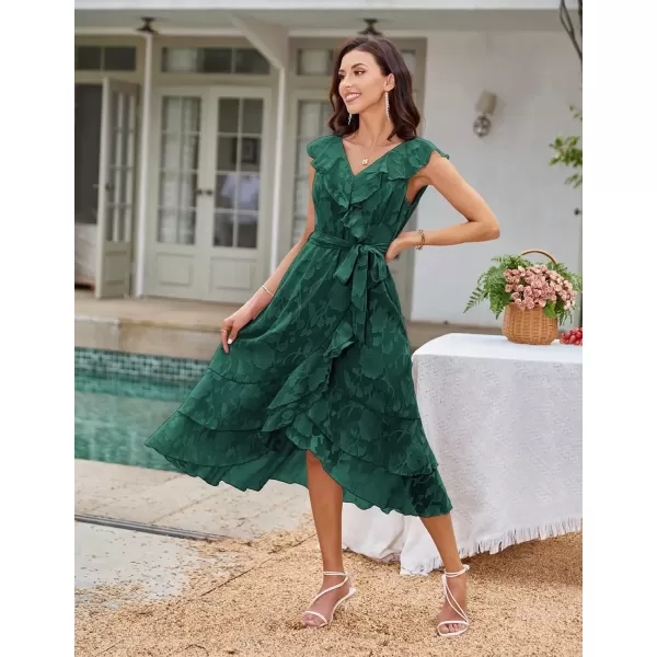 imageGRACE KARIN Womens Summer Wedding Guest Dress V Neck Ruffle High Waist Midi ALine Cocktail Party Dresses with BeltDark Green