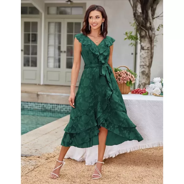 imageGRACE KARIN Womens Summer Wedding Guest Dress V Neck Ruffle High Waist Midi ALine Cocktail Party Dresses with BeltDark Green