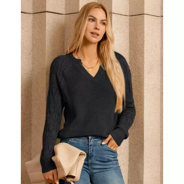 imageGRACE KARIN V Neck Sweater for Women Crochet Pullover Sweater Tops Cable Knit Sleeve Sweaters Fall Fashion 2024Black