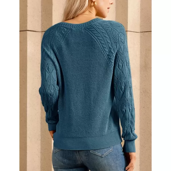 imageGRACE KARIN V Neck Sweater for Women Crochet Pullover Sweater Tops Cable Knit Sleeve Sweaters Fall Fashion 2024Blue