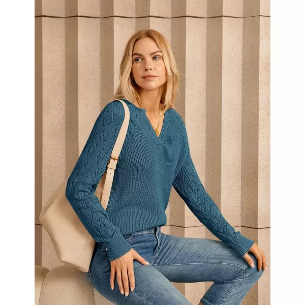 imageGRACE KARIN V Neck Sweater for Women Crochet Pullover Sweater Tops Cable Knit Sleeve Sweaters Fall Fashion 2024Blue