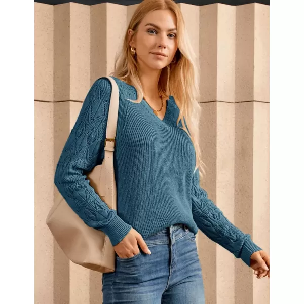 imageGRACE KARIN V Neck Sweater for Women Crochet Pullover Sweater Tops Cable Knit Sleeve Sweaters Fall Fashion 2024Blue