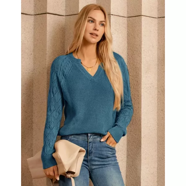 imageGRACE KARIN V Neck Sweater for Women Crochet Pullover Sweater Tops Cable Knit Sleeve Sweaters Fall Fashion 2024Blue